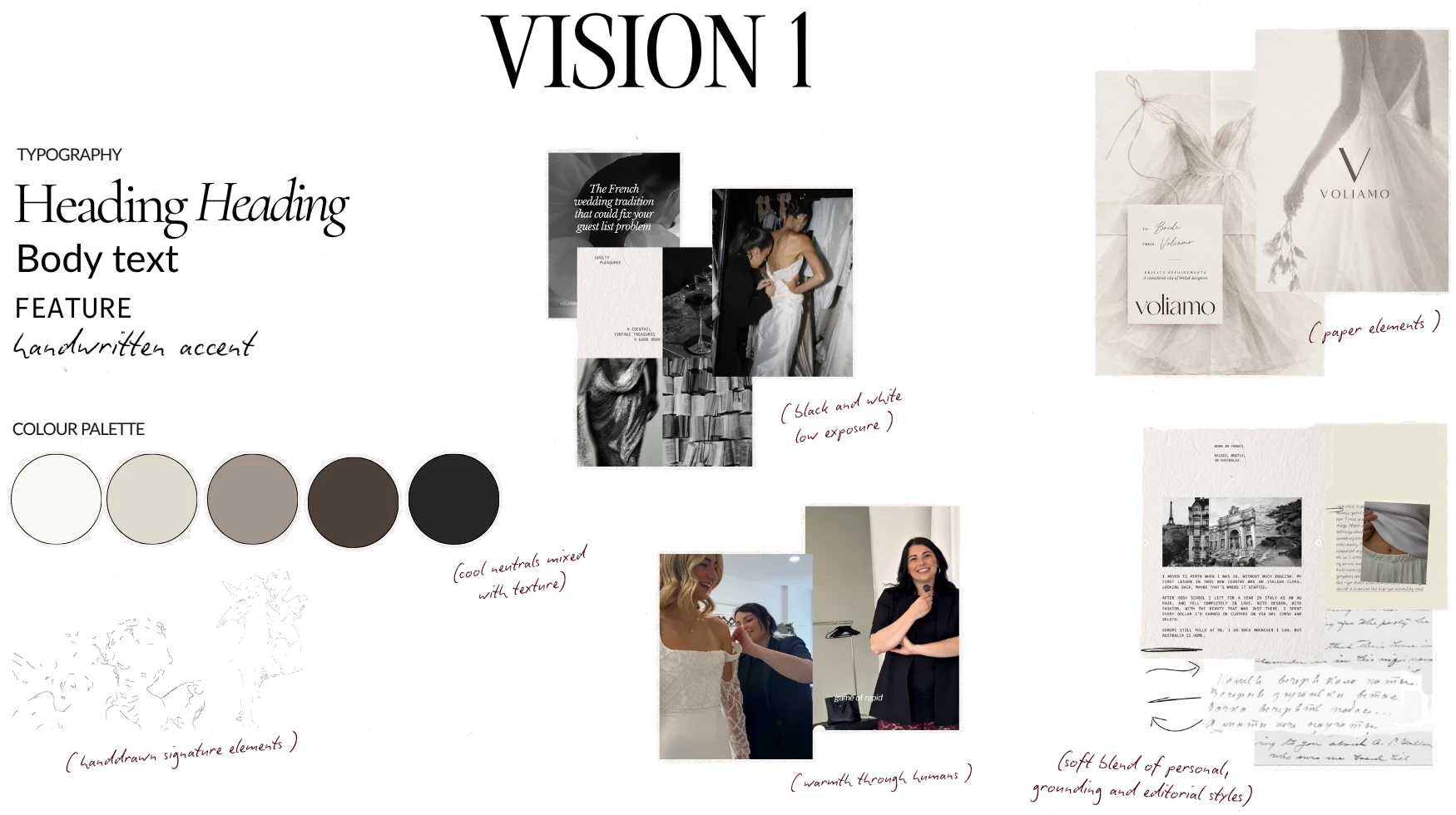 Vision 01 moodboard: typography, a neutral five-colour palette, black-and-white photography, paper elements, Maggie with a bride, hand-drawn line art and editorial layouts