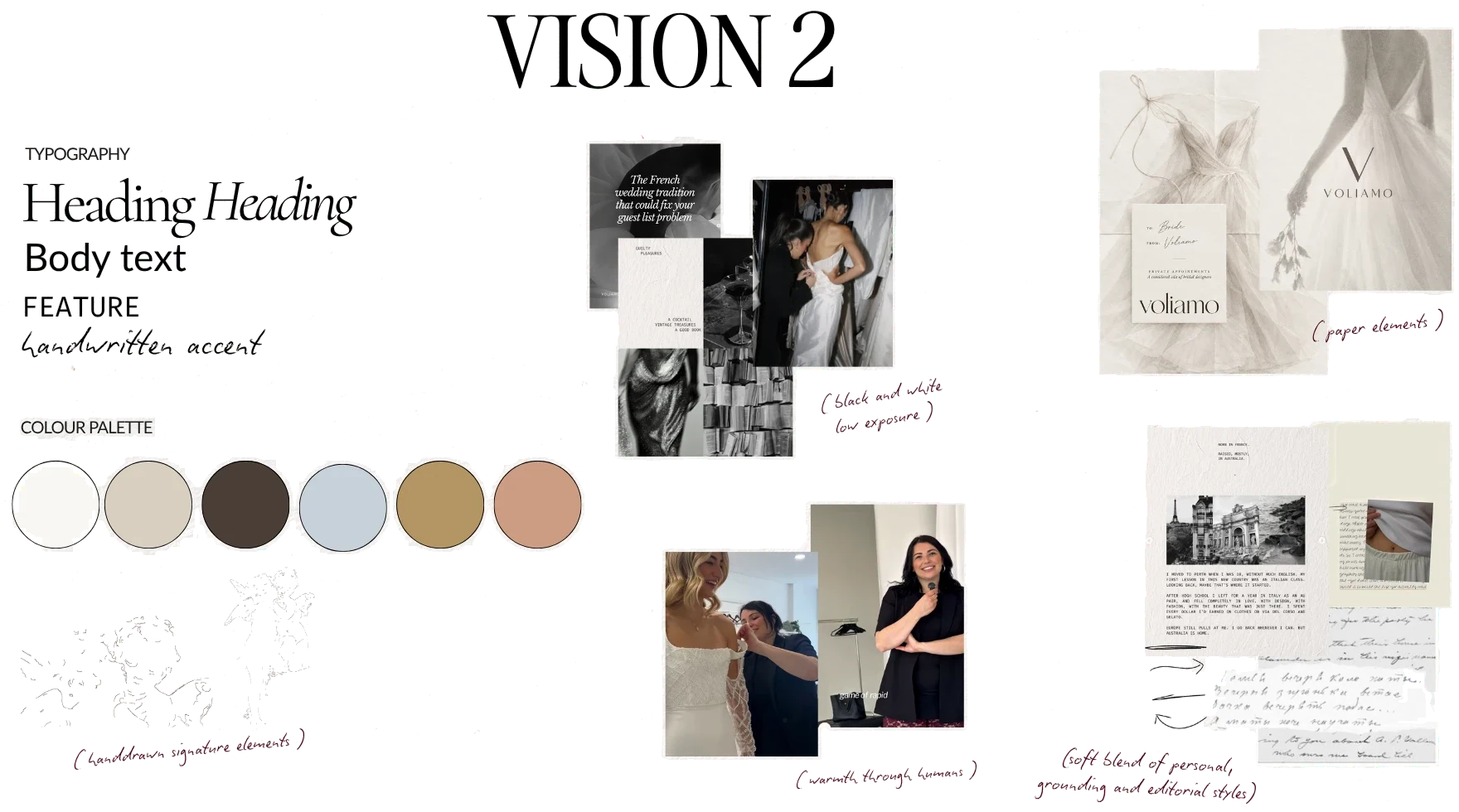 Vision 02 moodboard: the same typography and imagery with a warmer six-colour palette including powder blue, muted gold and dusty peach