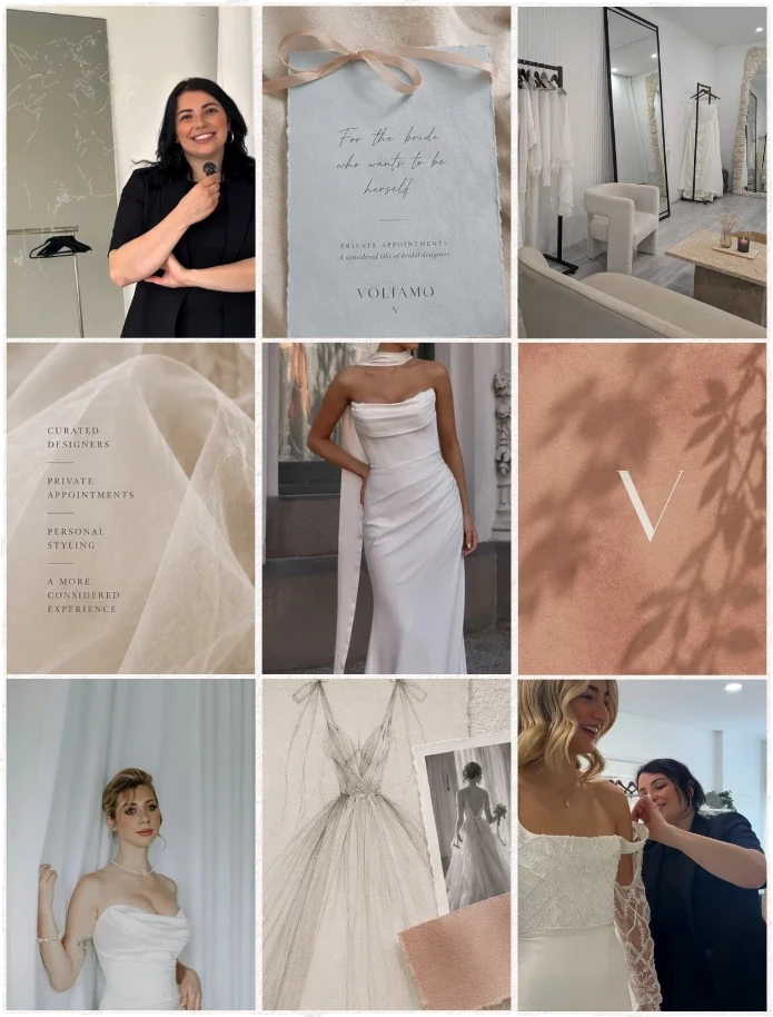 Vision 02 feed concept: a nine-post Instagram grid with powder blue and peach accents